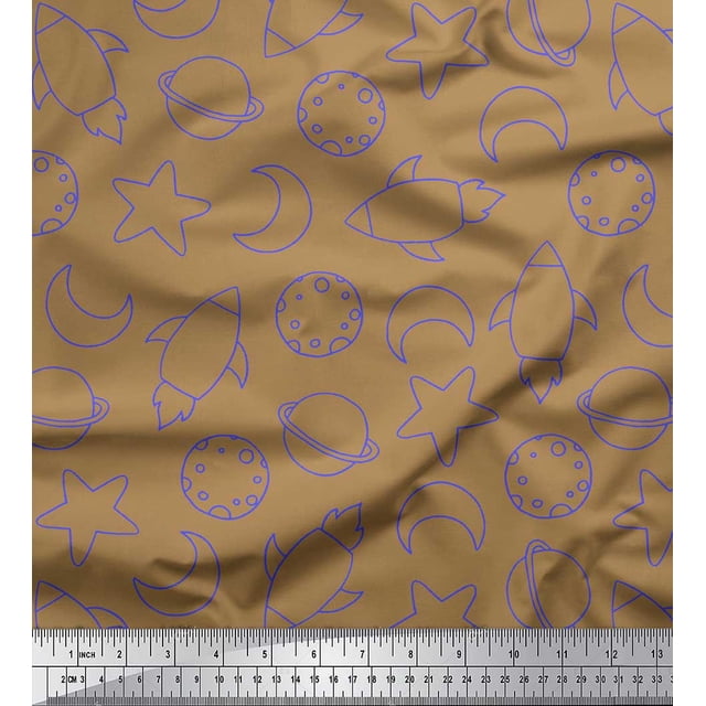 Soimoi Brown Modal Satin Fabric Planet & Stars Galaxy Print Sewing Fabric Yard 42 Inch Wide