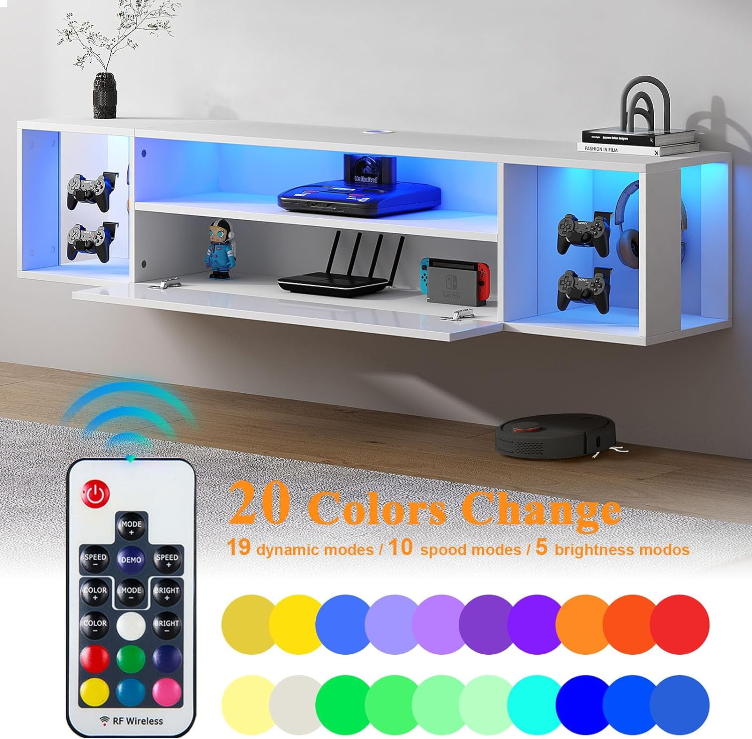 Soges Wall Mounted TV Cabinet with 3 Drawers and LED Lights, Floating TV Stand with LED for Living Room Bedroom, White, 55 inch