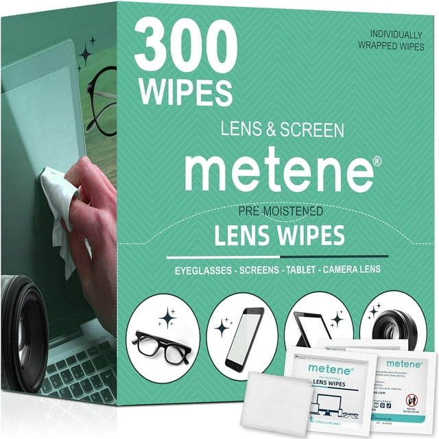 Metene Lens Cleaning Wipes, 300 Pre-Moistened and Individually Wrapped Eyeglass Wipes, Glasses Cleaner -Great for Eyeglasses, Camera Lens, Tablets, Phone, Computer Screen and Other Delicate Surfaces