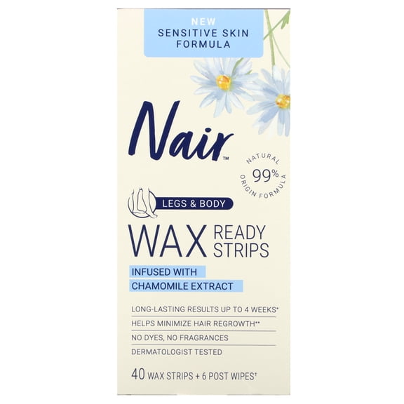 Nair Sensitive Hair Remover Wax Ready Strips, Legs and Body Hair Removal Wax Strips, 40 Count