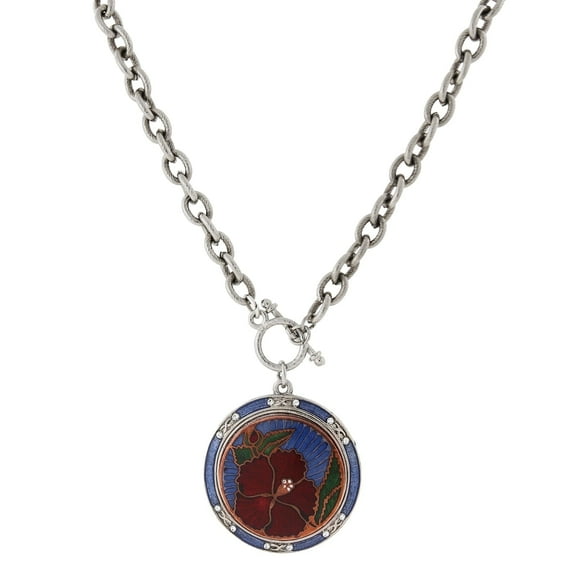 1928 Jewelry Blue And Red Floral Enamel Medallion Toggle Pendant Necklace For Women 20 Inch Chain