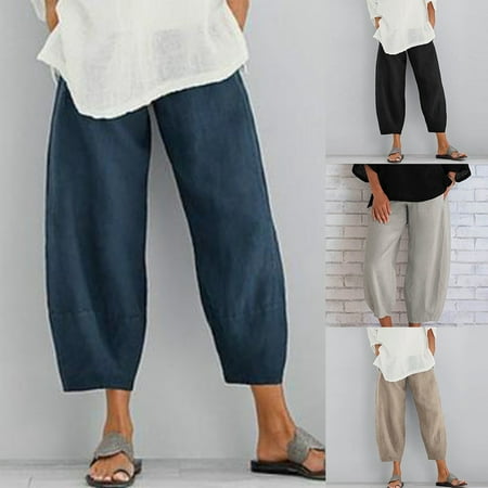 

Taluosi Women Solid Color Elastic Waistband Pockets Loose Ninth Pants Baggy Trousers