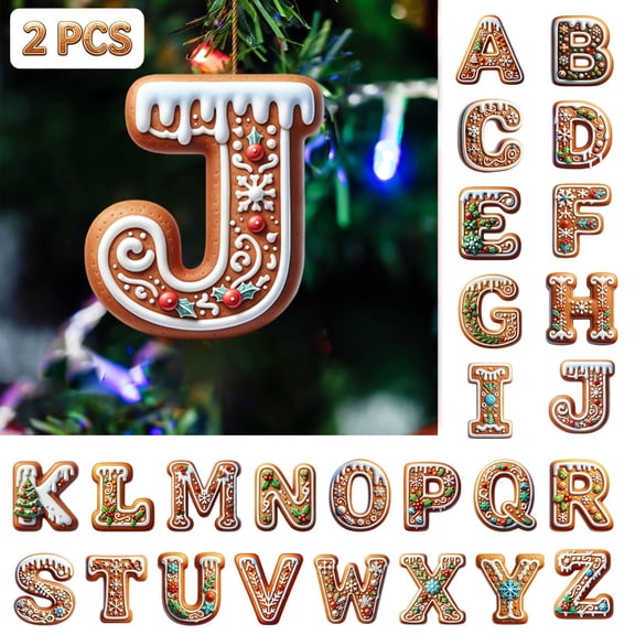 2 Pcs Acrylic Gingerbread Christmas Tree Hanging Ornaments, Indoor Outdoor Initial 26 Letter Xmas Home Decor Pendant Gift for Holiday Party Decorations, DIY Tear-off Film Name Speller