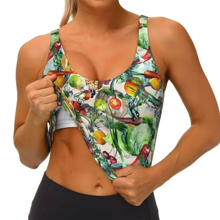Qokaie Vegan1 Pattern Womens Scoop Neck Sports Bra Breathable Workout Vest Padded U Back Medium Impact Fitness Gym Yoga Bra Workout Crop Top