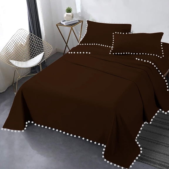 DNG Creations 4 Piece Pom Pom Sheet Set 100% Egyptian Cotton, White Pom-Pom Fringe Solid Pattern 18 Inch Deep Pocket ( Solid Chocolate - California King )