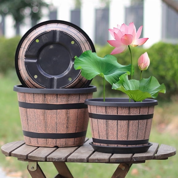 2 Pack 5.5 inch Plant Pots,Whiskey Barrel Planters with Drainage Holes, Plastic Flower Pots Imitation Wine Barrel Design, for Indoor & Outdoor Garden Home Plants