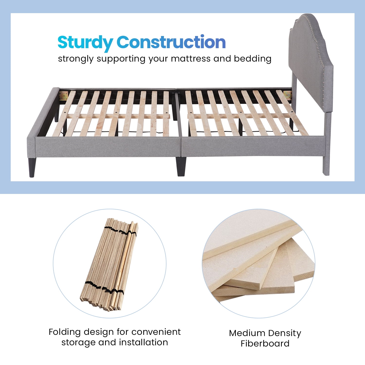 PayLessHere Bed Frame Mattress Foundation with Fabric Upholstered Headboard(Queen)