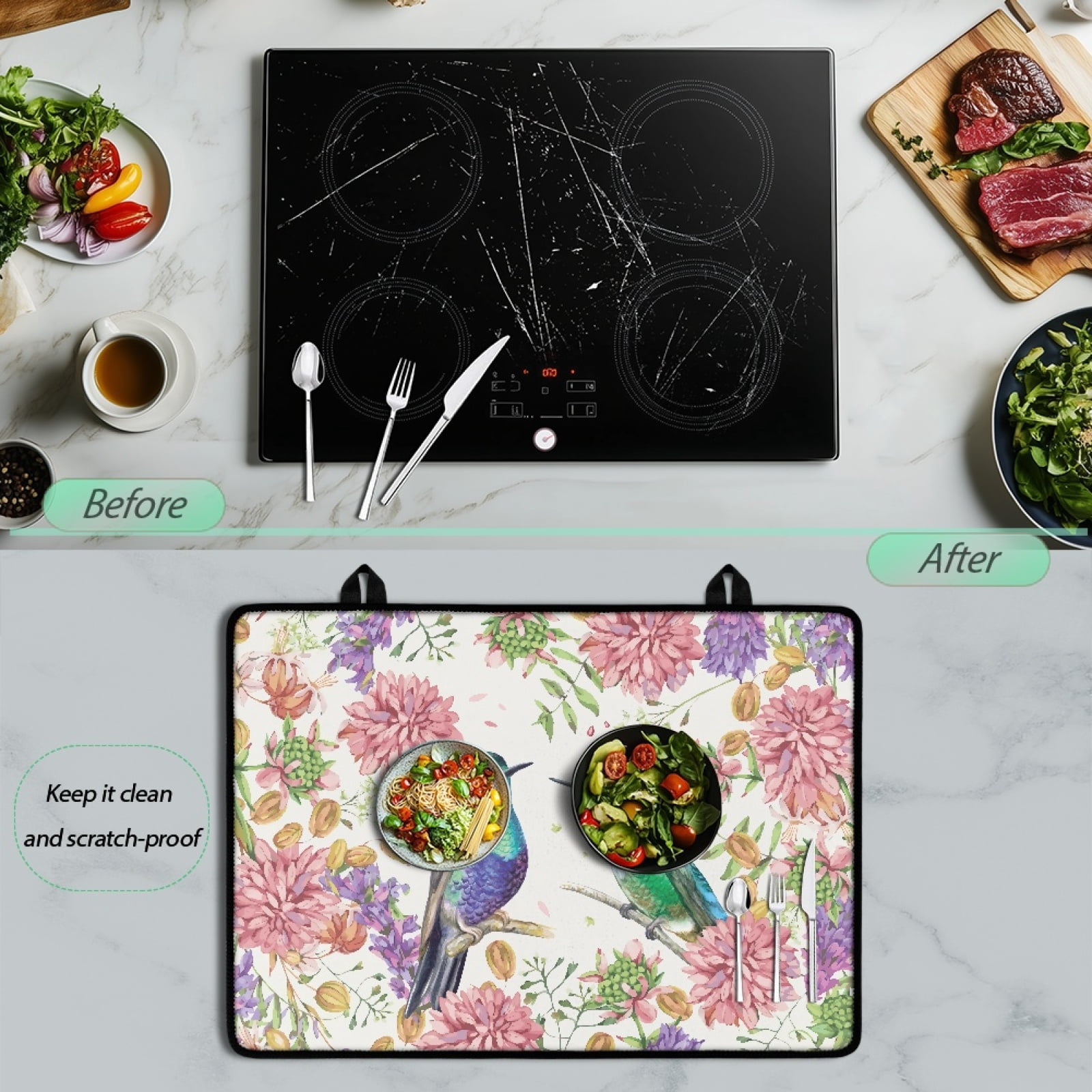 ZIATUBLE Electric Stove Top Cover Flat Top Stove Cover Mat Multipurpose Induction Cooktop Protector Cover for Glass Ceramic Stove Top, 29 x 21 Inch, Hummingbird Flower