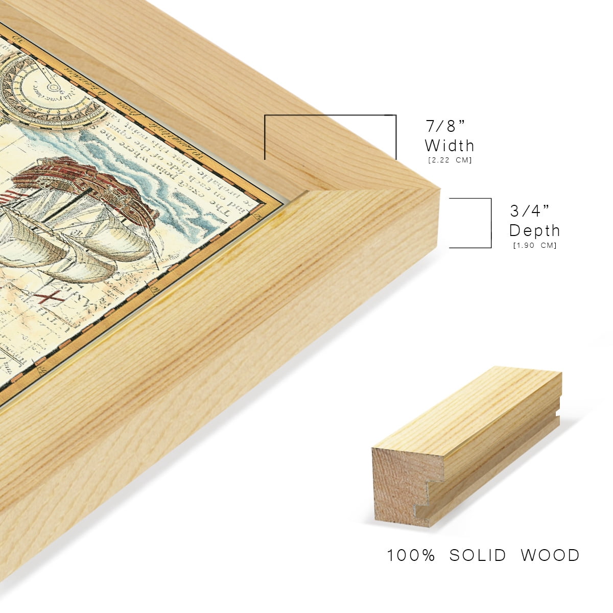 Nautical Map II -Framed Print w/glass-Natural Wood