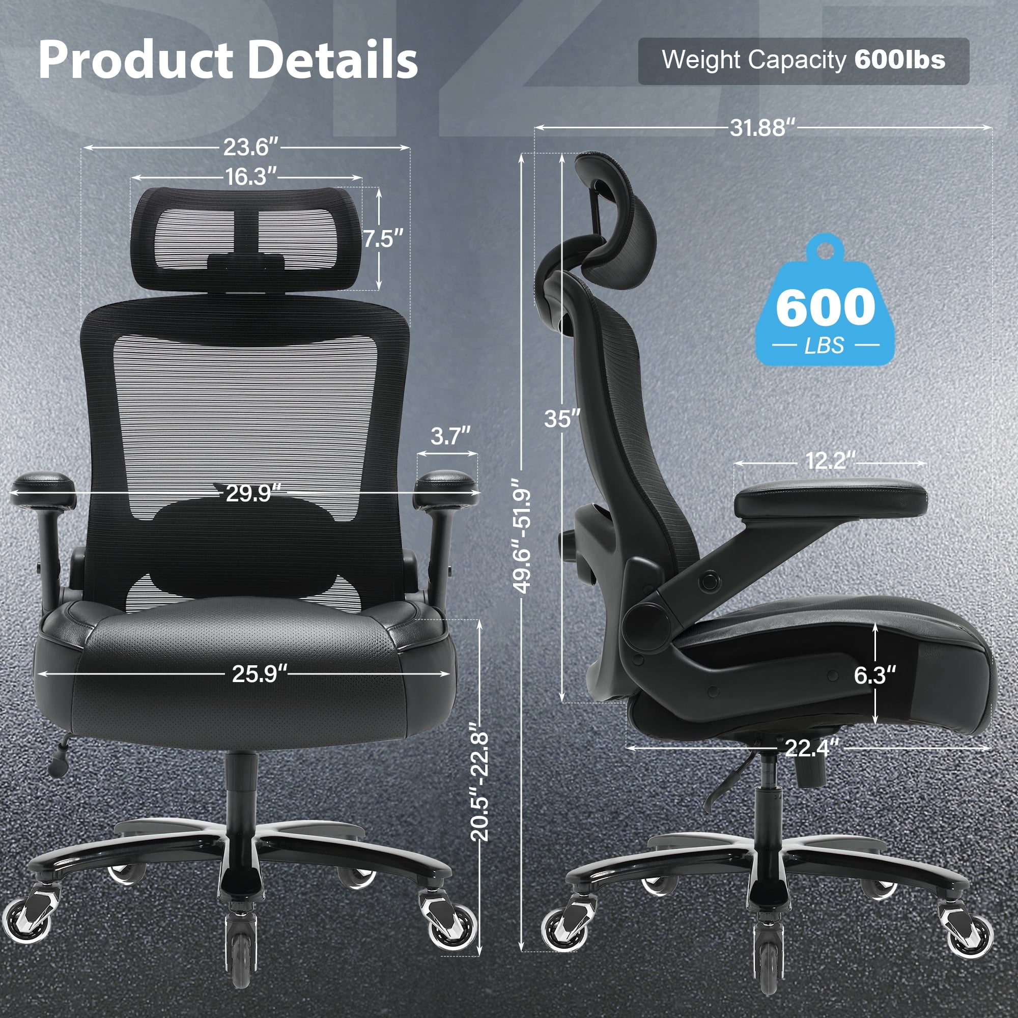 Big and Tall 600lbs Office Chair, High Back Mesh Desk Chair, Ergonomic Executive Computer Chair with Adjustable Lumbar Support Headrest 3D Flip Up Arms Heavy Duty Metal Base, Extra Wide Seat, Black