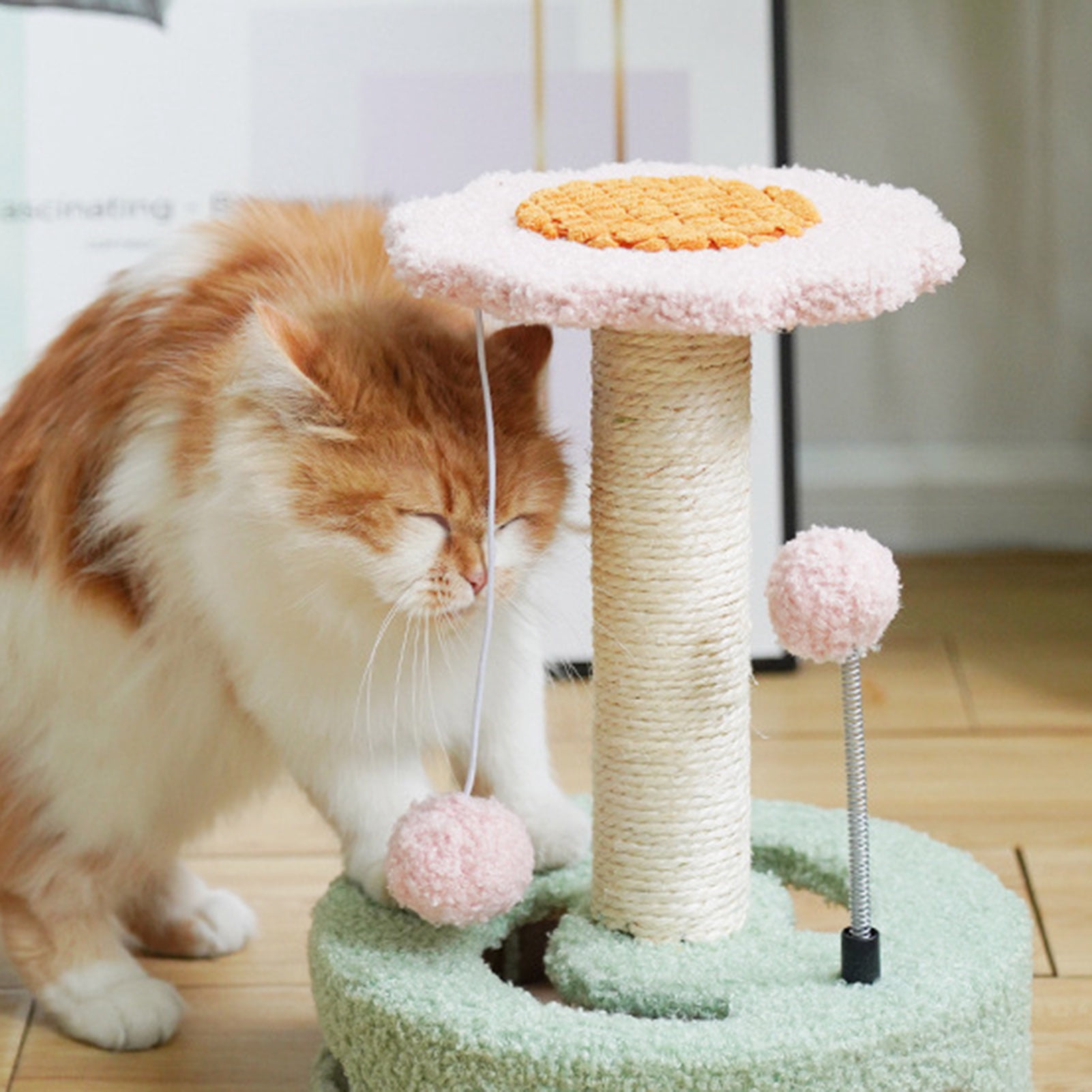 DOPI Cat Climbing Frame Sunflower Shape Tear-resistant Sisal Cartoon Kitten Scratching Post with Pompom Pet Supplies