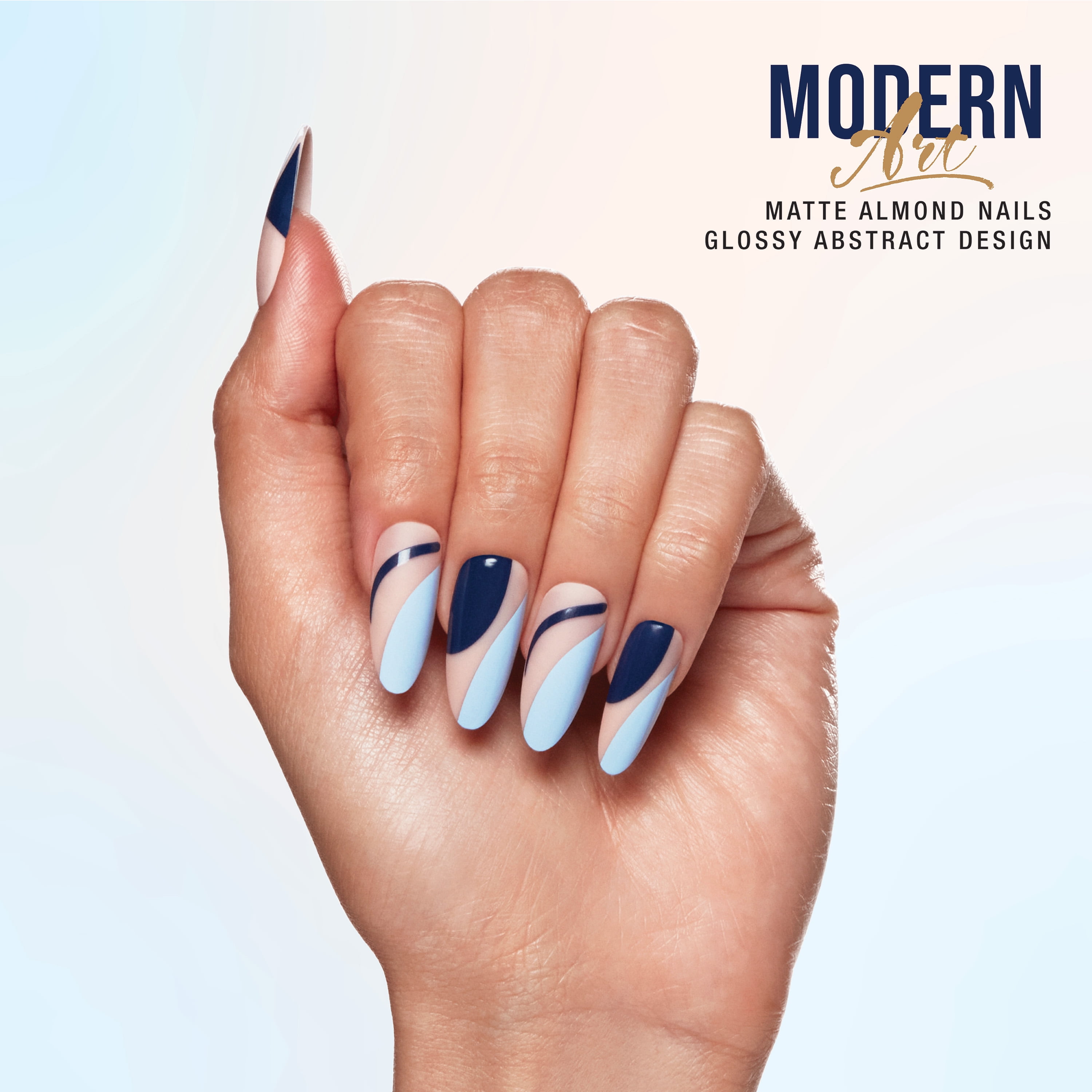 Salon Perfect Artificial Press on Nails, 192 Modern Art Blue Swirl, Long Almond Glue On Fake Nails, File & Nail Glue Included, 30 Nails