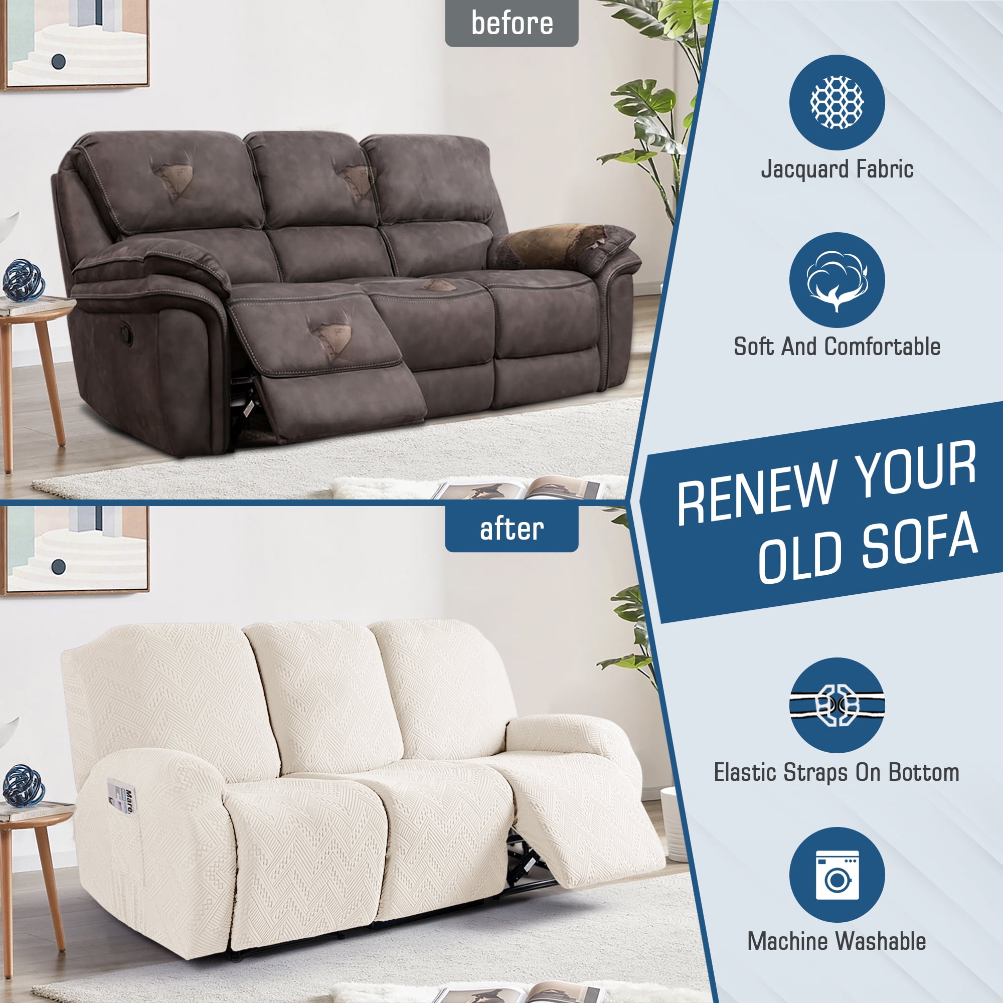 TAOCOCO Recliner 3 Seater Sofa Slipcover Anti-Slip Couch Cover for Reclining Sofa Home Furniture Protector, Beige