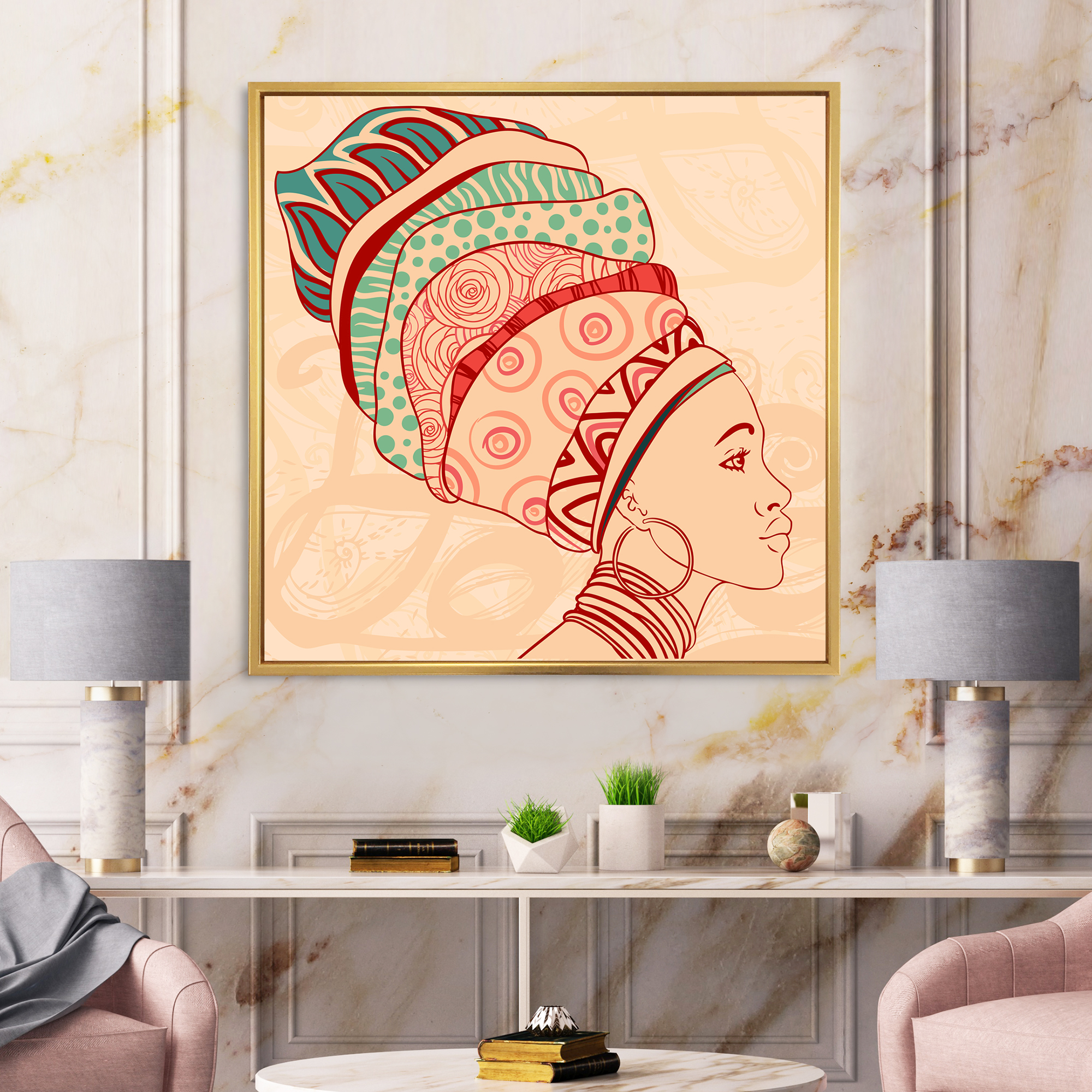 Designart 'African American Woman Portrait with Turban II' Modern Framed Canvas Wall Art Print