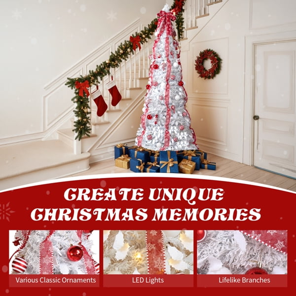Alvantor 7 ft White Fully Decorated Pre-Lit Pop-Up Artificial Christmas Tree, 170 Warm White LEDs, 8 Modes, Red and White Ornaments