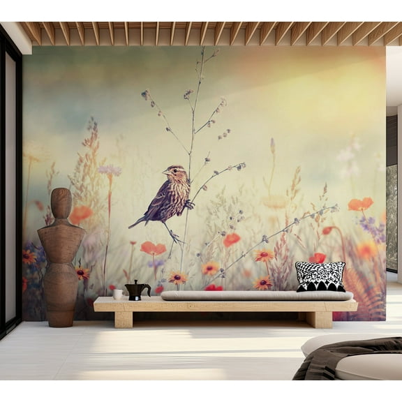 Botanical Wallpaper Wall Mural - Bird in Field