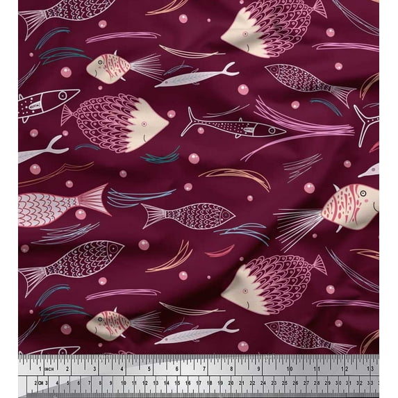 Soimoi Purple Crepe Silk Fabric Bubbles & Fish Ocean Print Sewing Fabric Yard 42 Inch Wide