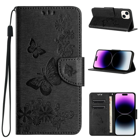 TECH CIRCLE Case for iPhone 15 (2023) - [Embossed Butterfly Pattern] Protective PU Leather Wallet Case with [Card Holder /Wrist Strap] Fold Stand Folio Cute Cover Shell, Black