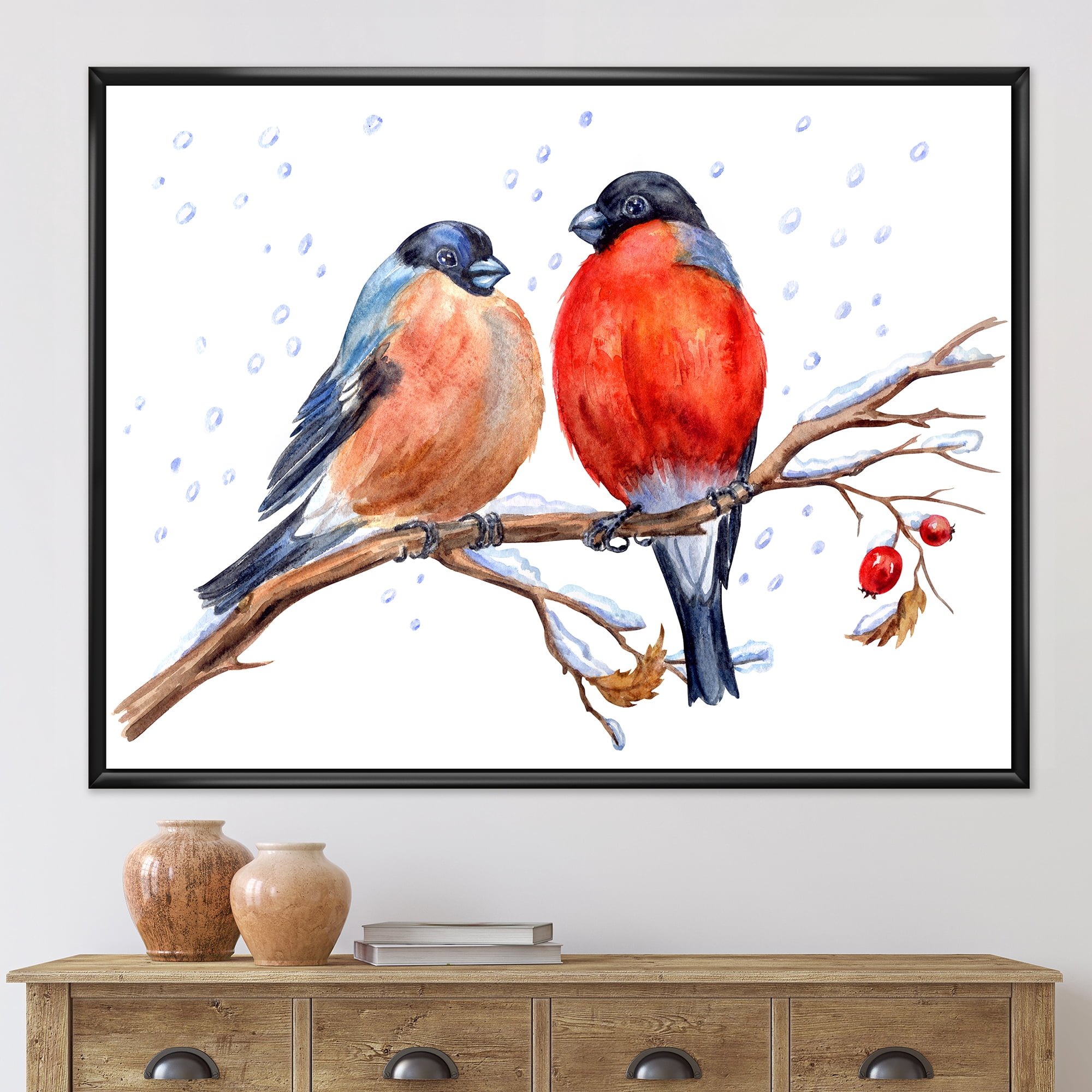 Designart 'Two Bullfinches On A Hawthorn Branch with Snowfall In Winter' Traditional Framed Canvas Wall Art Print