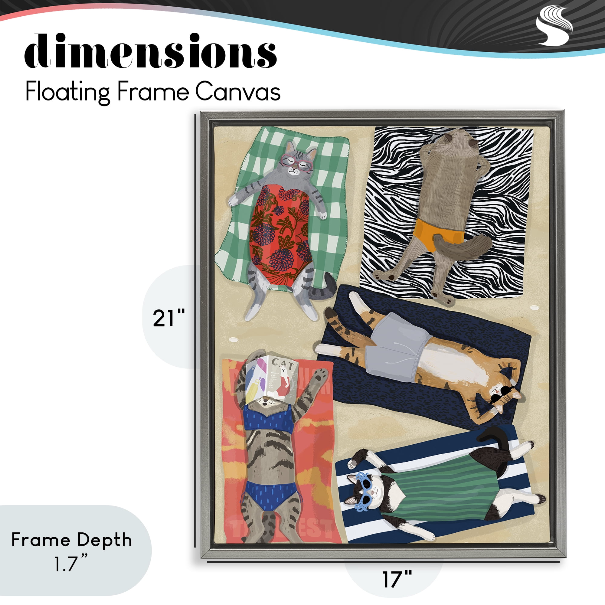 Stupell Industries Summer Sunbathing Cats Gray Framed Floater Canvas Wall Art, design by Hanna Melin