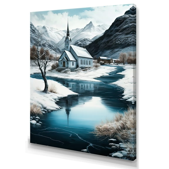 Designart Church On A Lake In Winter II Canvas Wall Art