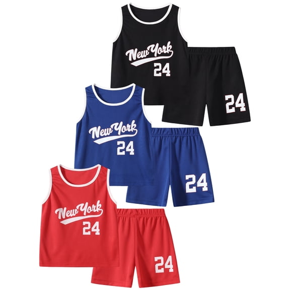 Fdqin Boys Shorts Set Letters Printed Basketball Lightweight Sleeveless Tank Top and Track Shorts Summer Outfits Red Blue Black 7-8 Years