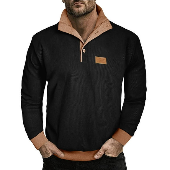 Yusimy Men's Sweatshirt Solid Color Block Pullover Long Sleeve Buttoned Stand Collar Fleece Lined No Hood Simple Casual Style