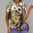 thumbnail image 3 of Cute Hedgehog Floral Garden-1 Womens Tops Women's Fashion Casual Short Sleeve Flower Print Round Neck Pullover Top Blouse, 3 of 7