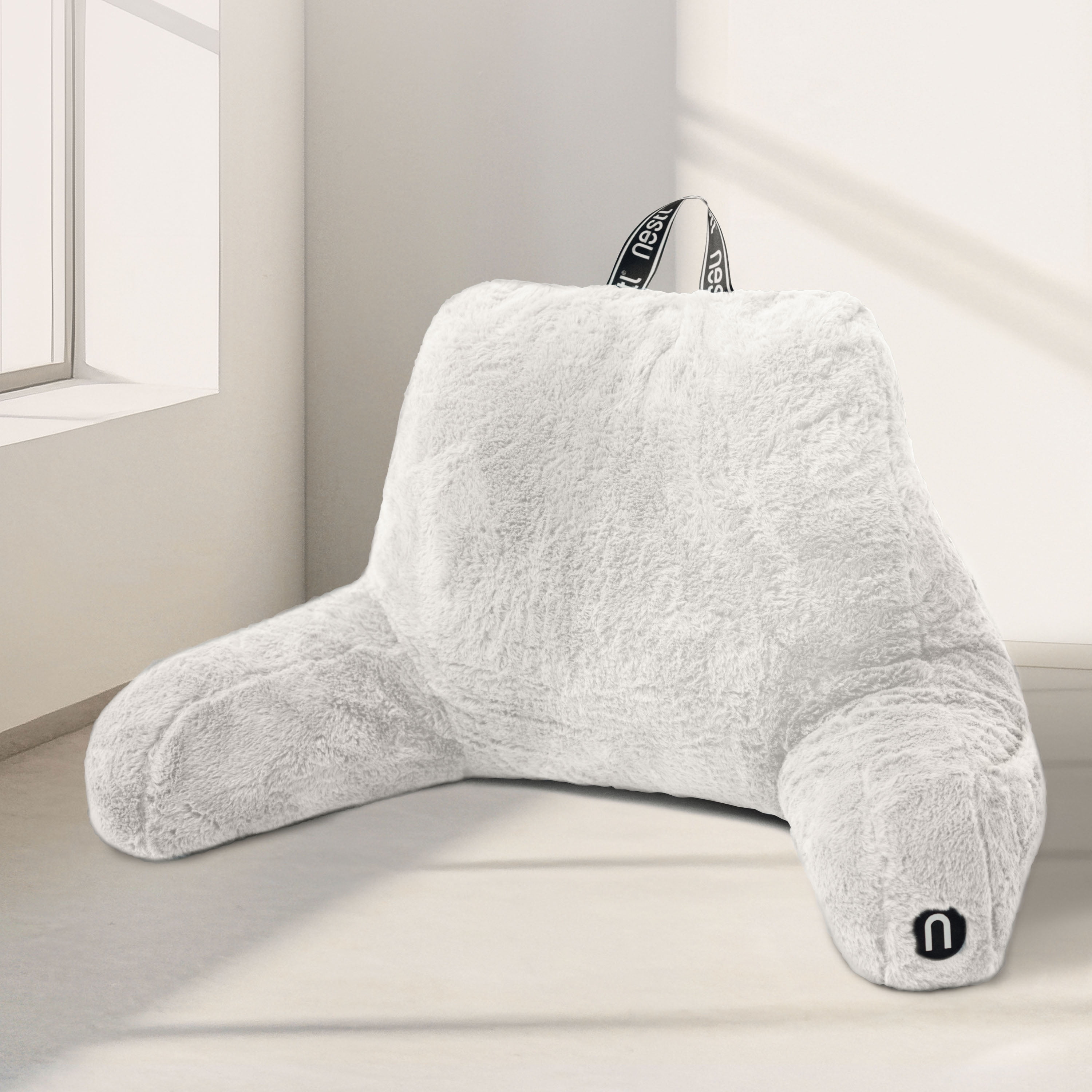Nestl Fur Reading Pillow with Lap Desk, Stylish Arm Rest Pillow, Lap Desk with Backrest Pillow for Sitting in Bed, Faux Fur, White
