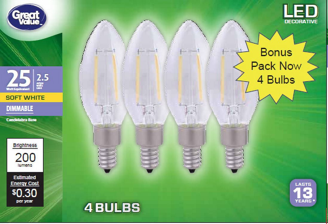 Great Value Decorative LED Light Bulbs, 25W Equivalent, 2.5W Actual, E12 Candelabra Base, Soft White 2700K, Dimmable, 4 Count