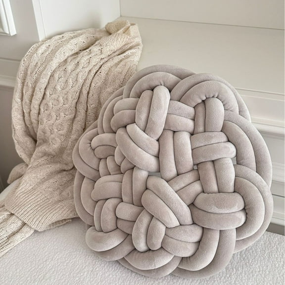 1 Pcs Round Knot Pillows Chunky Knitted Throw Pillows 13.8 Inch Woven Round Pad Decorative for Home Bed Couch Sofa Decoration，Fruit Gray