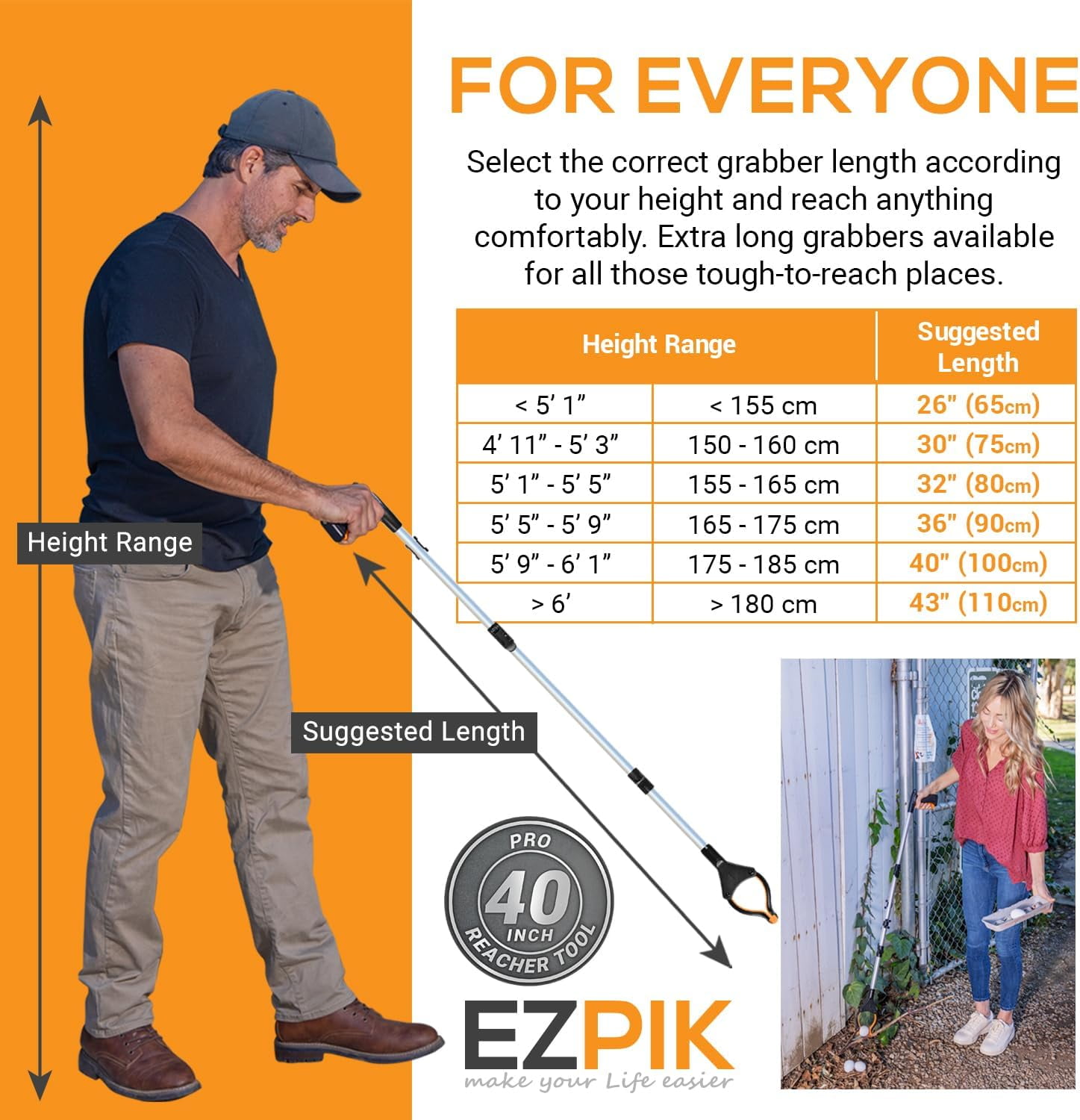EZPIK 40" Grabber Reacher Tool for Seniors, Folding Magnetic Pickup Stick with Rotating Claw, 2-Pack, Pro Black