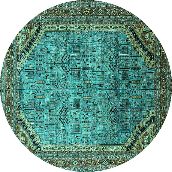 Ahgly Company Indoor Round Oriental Turquoise Blue Industrial Area Rugs, 8' Round