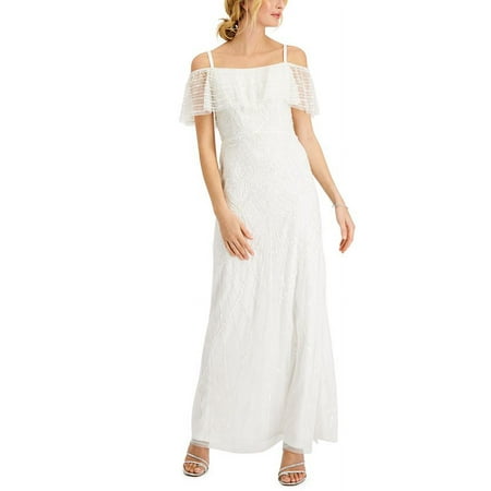 Adrianna Papell Women's Beaded Cold Shoulder Gown White Size 10