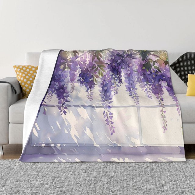 Balery Lavender Blooms Window Manta de Franela con Dibujo, Lujo Ultra Suave y Cálido, Antipelusa y Resistente a las Arrugas para Cama, Sofá, Camping -80"x60"