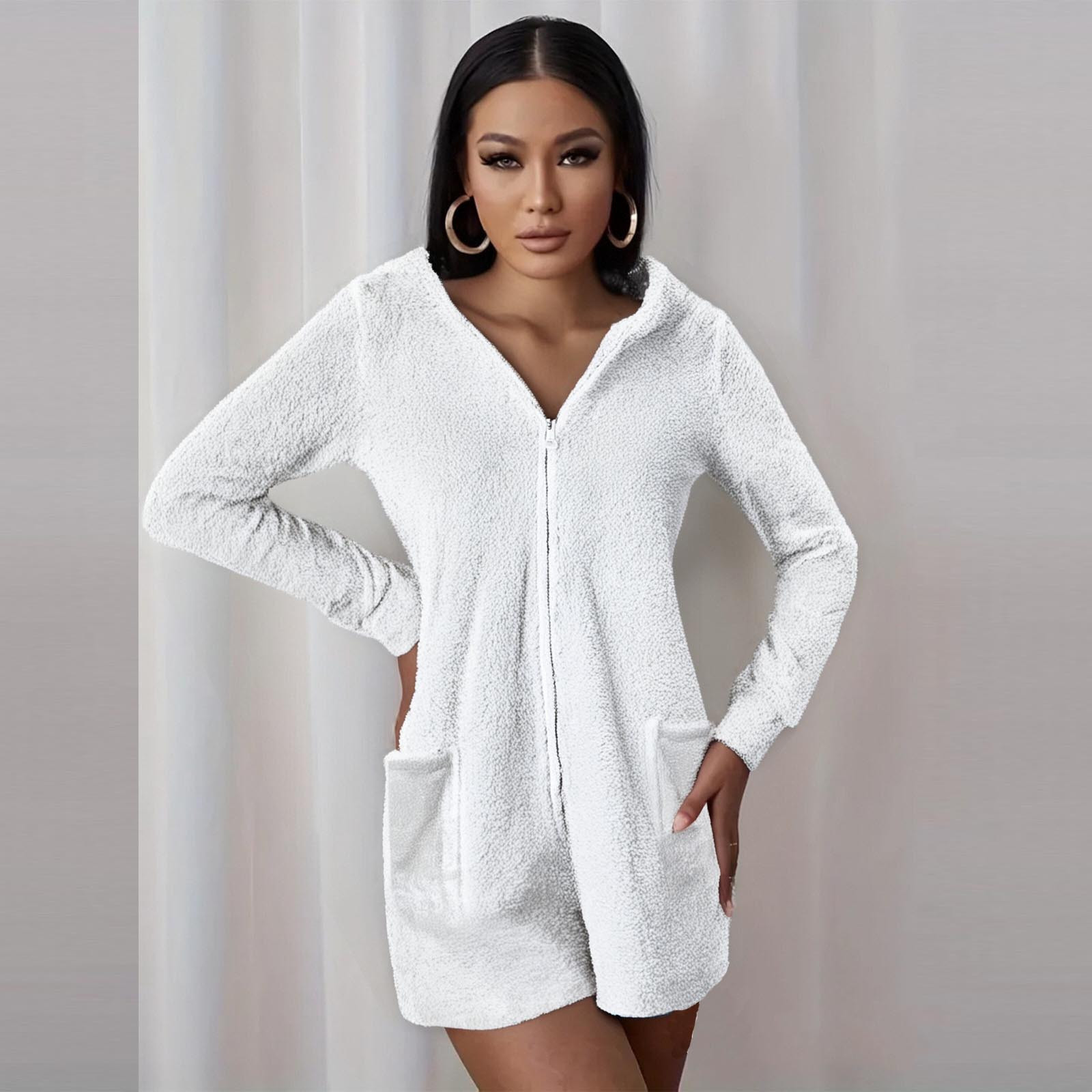 Fuzzy Shorts Jumpsuit for Women Fleece Onesie Pajamas Warm Sherpa Romper Sleepwear One Piece Zip Bear Hooded Playsuit Loungewear