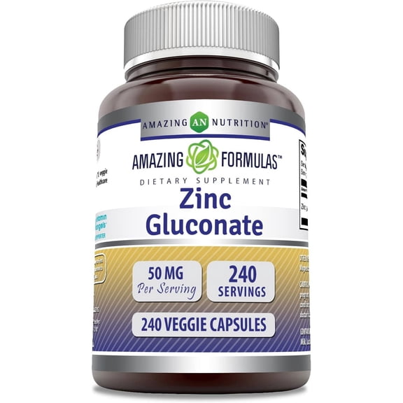 Amazing Formulas Zinc Gluconate 50mg Per Serving 240 Veggie Capsules Supplement | Mineral Supplement | Non-GMO | Gluten Free | Suitable for Vegetarians