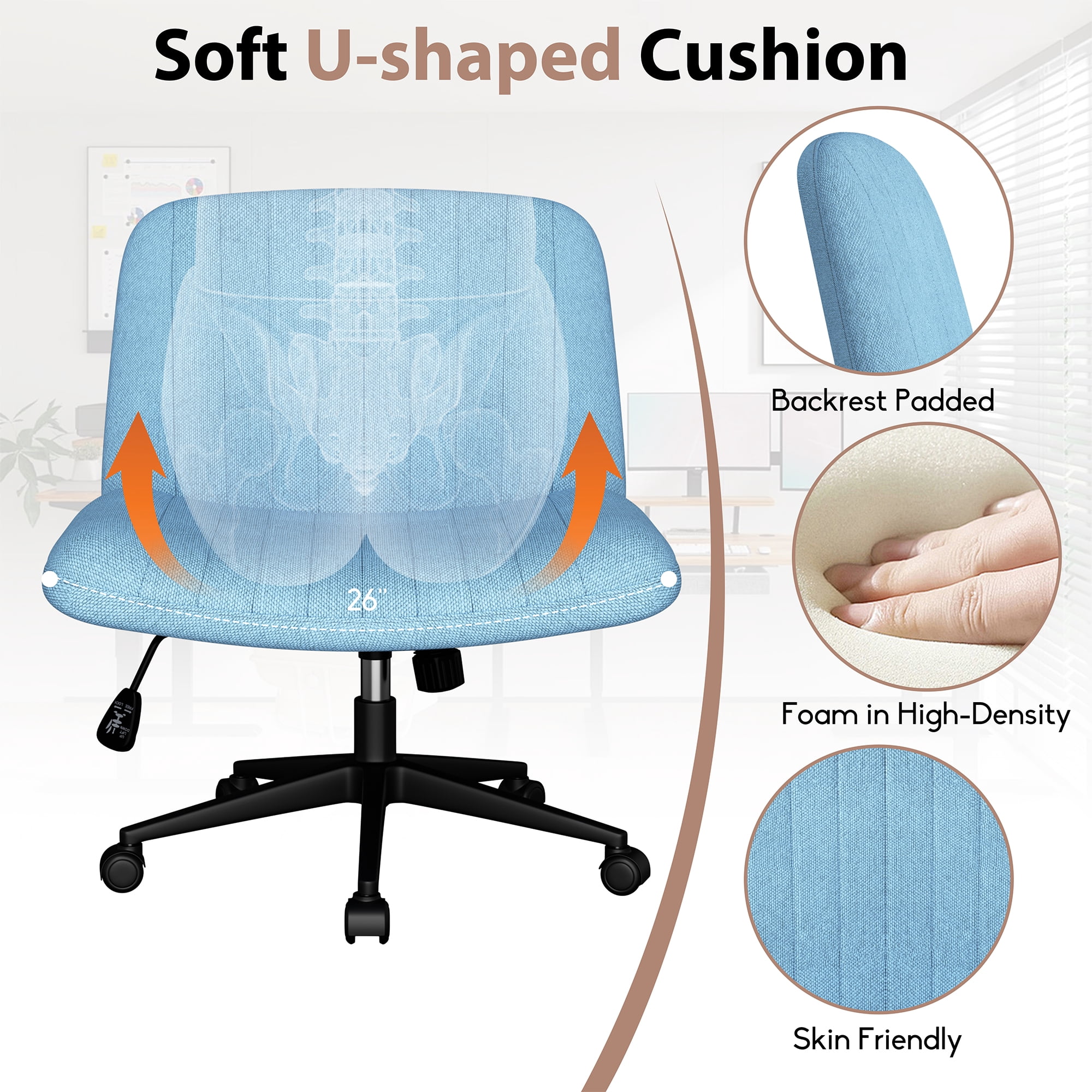 Walsunny Armless Criss Cross Home Office Chair, Fabric Vanity Desk Chair with Wheels, Wide Seat Swivel Task Computer Chair, Blue
