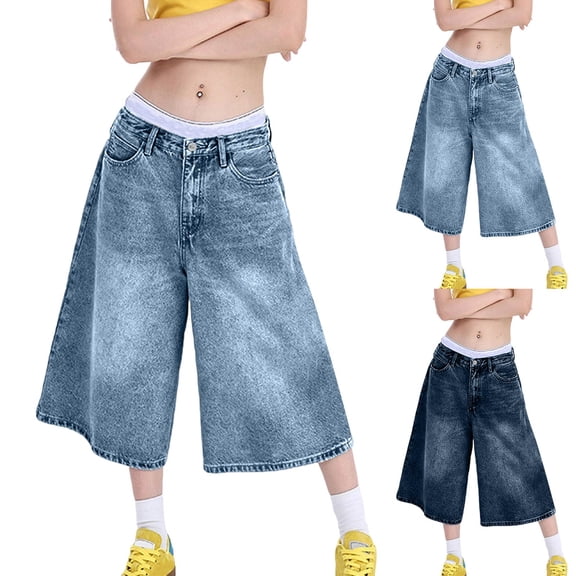 Wutalume Capri Pants for Women Denim - Low Rise Loose Fit Bermuda Style Summer Jorts Cropped Length High Waist Vintage Wash,Dark Blue L