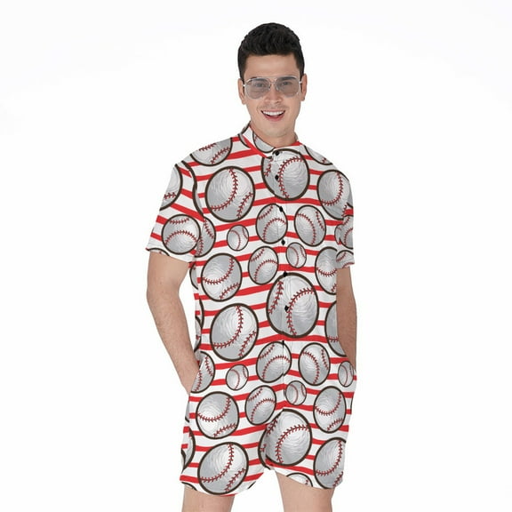 Red Striped Baseball Pattern Short Sleeve Men'S Rompers, Baseball Player Sports Casual Summer Jumpsuits Outfit