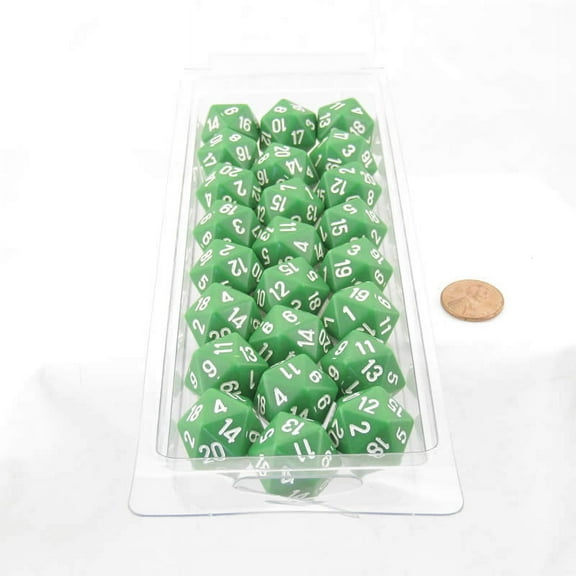 Green Opaque Dice with White Numbers D20 Aprox 16mm (5/8in) Pack of 50 Wondertrail