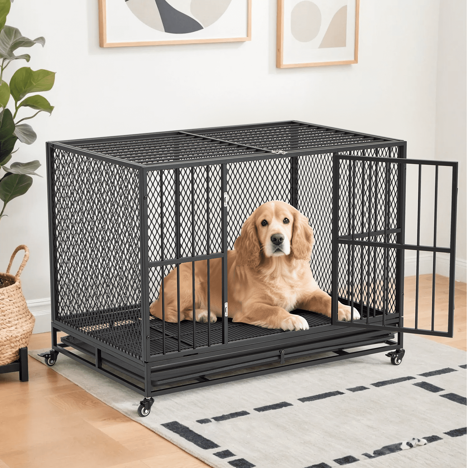 Erinnyees Heavy Duty 42" Metal Dog Crate for Dogs with Lockable Wheels