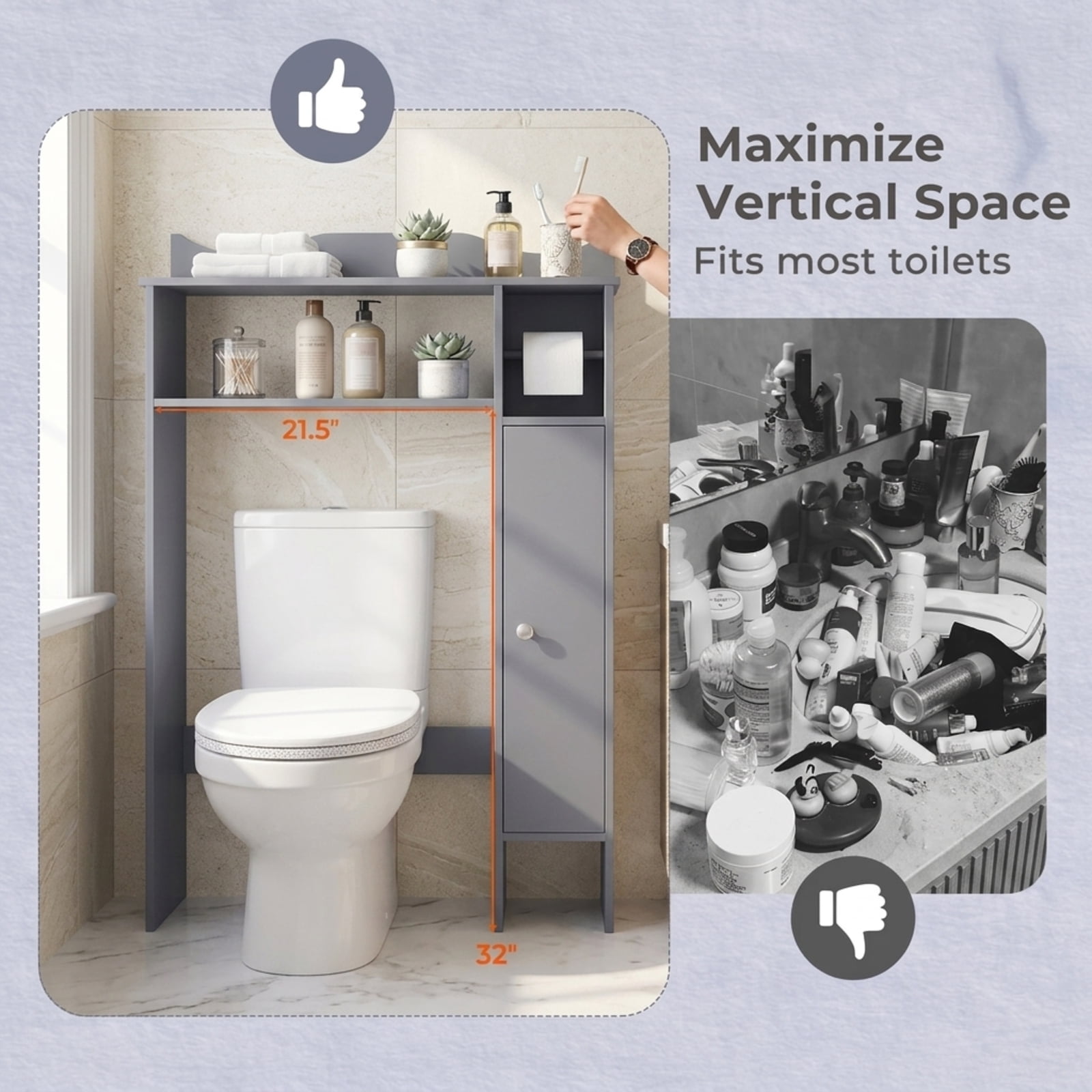 Vebreda Over the Toilet Storage Cabinet with Toilet Paper Holder and Removable Shelves for Bathroom Space Saving Organizer, Gray