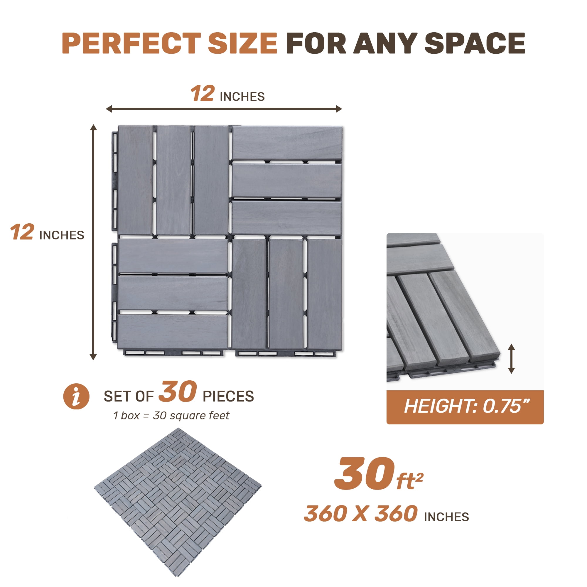 30 PCS Light Gray Acacia Hardwood Interlocking Deck Tiles Checker Pattern 12"x12" Outdoor Flooring for Patio Balcony Pool Side Garden Porch