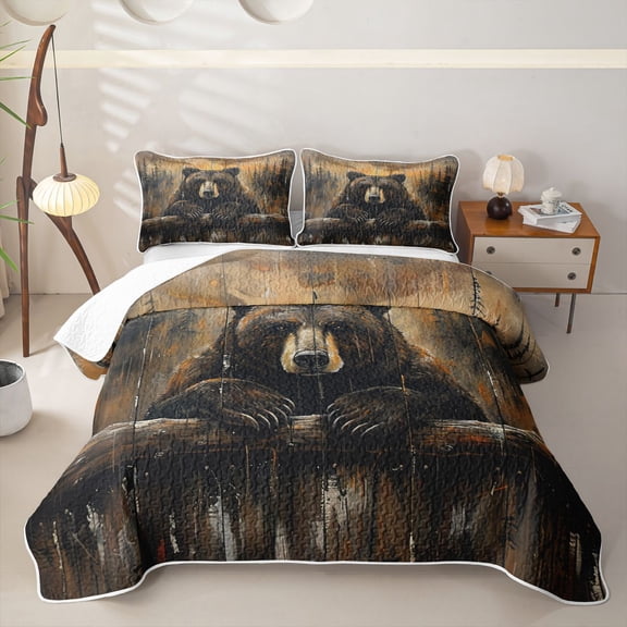 Castle Fairy Rustic Oil Painting Bear Twin Quilt Set for Teens,Vintage Wooden Plank Forest Twin Coverlet Set,Brown Black Orange