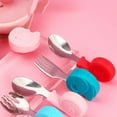 thumbnail image 4 of Cute Spoon Fork Set Toddler Dinnerware Silicone Children Utensil Baby Gadgets Stainless Steel Tableware Set PINK, 4 of 8
