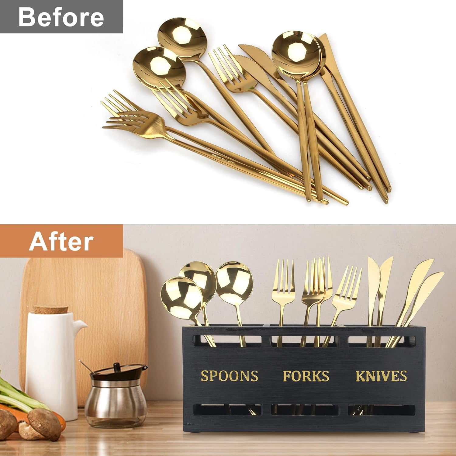 Wooden Cutlery Silverware Holder Flatware Utensil Caddy Utensil Holder for Kitchen Counter Wood Silverware Caddy Organizer for Table Countertop Spoon Knife and Fork Holder for Parties