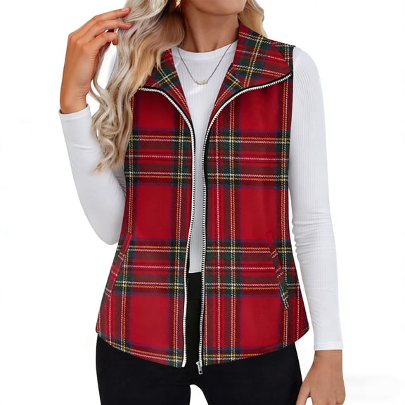 QSAWXQZ Women's Plaid Vest Sleeveless Lapel Collar Zip Up Cardigan Warm Outerwear with Pockets Red L