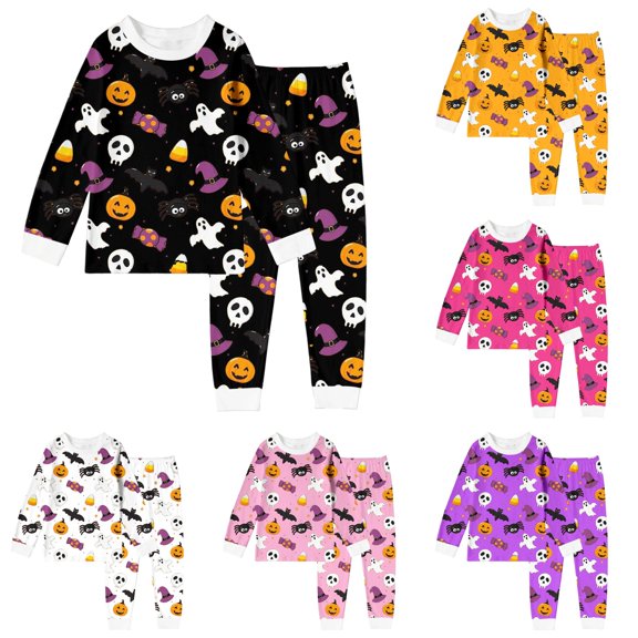 Byoo Glow Halloween Tracksuit Set for Girls Round Neck Full Skeleton Print Long Sleeve Homewear Set Indoor Nightwear Set,Hot Pink