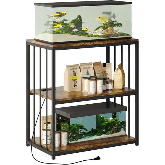 20 Gallon Fish Tank Stand with Power Outlet, Aquarium Stand with Shelf, Metal Reptile Terrarium Tank Stand, 3-Tier Adjustable Storage Shelves, 28''L×15.7''W×30''H, Retro Brown